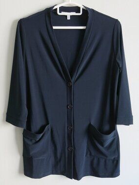 Sympli Black Button Down 3/4 Sleeve Jersey Stretch Cardigan Sweater - Size 10